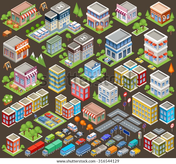 Big isometric set of buildings\
and houses. Infrastructure. Road and cars. Vector\
illustration