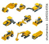 Big isometric set of construction equipment. Forklifts, cranes, excavators, tractors, bulldozers, trucks.