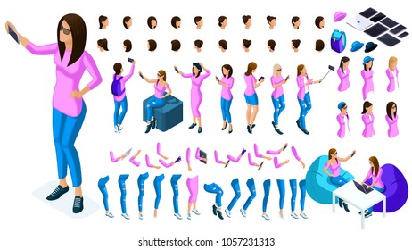 Big isometric Set of gestures of hands and feet of a girl 3D teenager, generation Z, a student doing selfi for social networks. Create your character for vector illustrations.