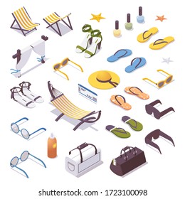Big isometric set with women travel and vacation accessories like hammock, flip flops, eyeglasses, hat and sandals. Vector collection for tropical paradise