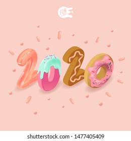 Big isometric sweets number 2020 on pink background. Candy splash. Greeting New Year card