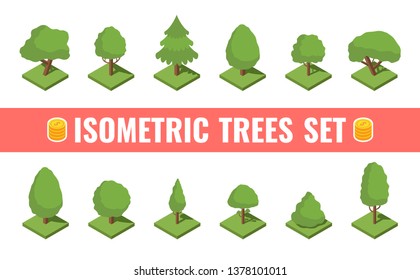 Big isometric tree set. Big and small trees, pine, shrubs, felled trees, cacti, palms. Vector illustration.