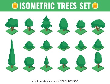 Big isometric tree set. Big and small trees, pine, shrubs, felled trees, cacti, palms. Vector illustration.