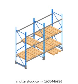 Big isometric warehouse metallic rack with pallet, twin shelving isolated on white. 3d storage equipment vector illustration. Logistic Delivery Service element for web, design, infographics, apps