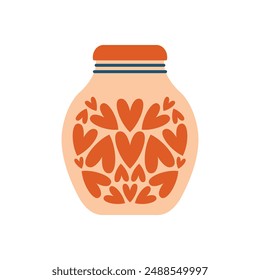 Big jar with hearts. Saint Valentine's Day. Charity concept, jar for donation. Vector isolated clip art for valentines, card, banner, sticker. Volunteering icon.