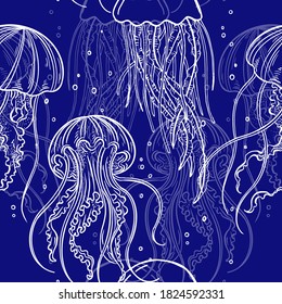 Big jellyfishes. Vector seamless pattern with outline hand drawn illustrations