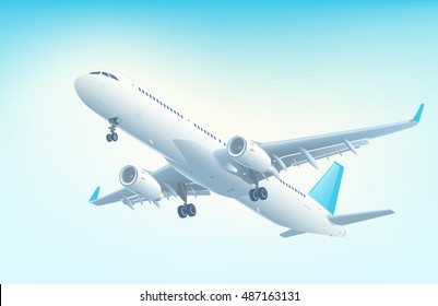 Big jet airplane with two engines before landing. Front side view. Detailed vector illustration.