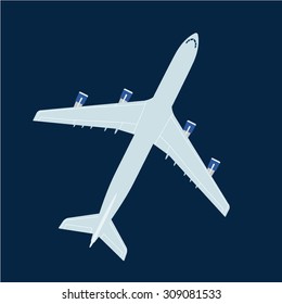 Big jet liner top view. Vector on dark blue background