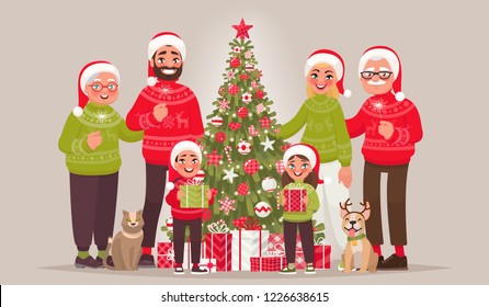 Big joyful family near the Christmas tree. Merry Christmas and Happy New Year. Grandmother, grandfather, father, mother and children as well as pets together celebrate the holiday. Vector illustration