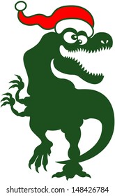 Big and joyful green Tyrannosaurus Rex smiling graciously and dancing rhythmically to celebrate Christmas