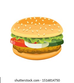 Big juicy burger with fresh vegetables and potato cutlet
