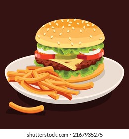 Big juicy fresh burger with french fries on a white plate. Second course for lunch or dinner. Restaurant cuisine, Illustration for menus, catalogs, flyers and invitations.