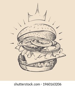 Big juicy open burger sketch vector illustration