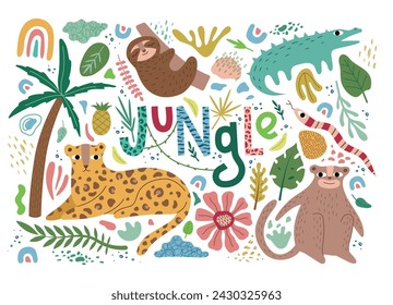 Big jungle animals set. Abstract elements, tropical plants. Isolated vector illustration for your design.