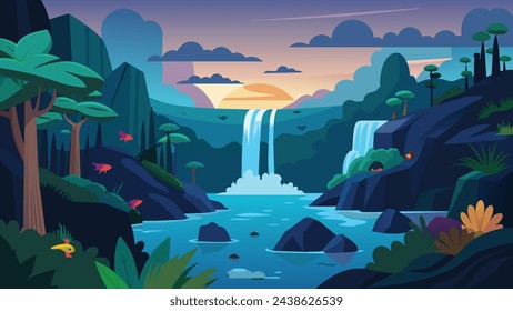 a big jungle with water falls and river cross 