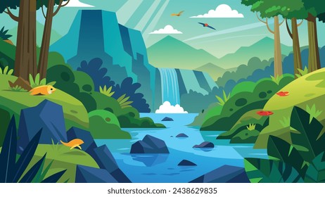 a big jungle with water falls and river cross 