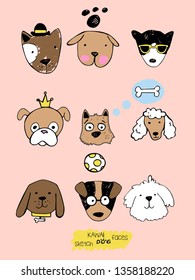 Big kawaii set of doodle cute sweet dogs, sketch characters, hand drawn, illustration drawn with colored crayons and pen, clipart collection, ct's faces with different emotions, emoticons, smileys