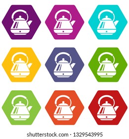 Big kettle icons 9 set coloful isolated on white for web