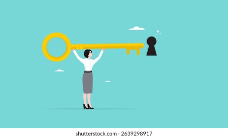 big key to success, solutions or innovations to achieve success, businesswoman inserts golden key of success into keyhole to open it