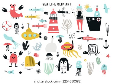 Big kids sea life clipart collection. A large set of items on the marine theme cut out of paper. Vector illustration.