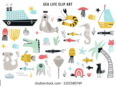 Big kids sea life clipart collection. A large set of items on the marine theme cut out of paper. Vector illustration.