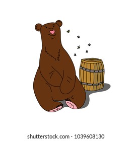 A big and kind bear next to a barrel of honey