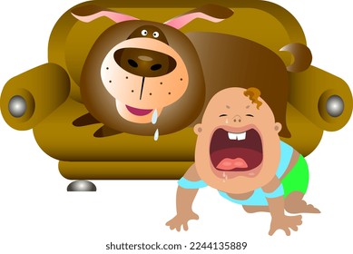 A big and kind dog lies on the sofa, and the baby lies on the floor and cries.
