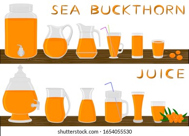 Big kit different types glassware, sea buckthorn jugs various size. Glassware consisting of organic plastic jugs for fluid sea buckthorn. Jugs of sea buckthorn it glassware standing on wooden table.