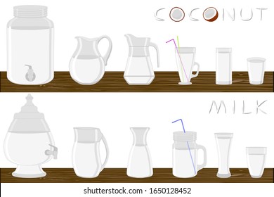Big kit different types pitcher, coconut milk in jugs various size. Pitcher consisting of organic plastic jugs for fluid coconut milk. Jugs of coconut milk it pitcher standing on wooden kitchen table.