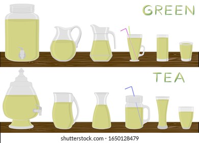 Big kit different types pitcher, green tea in jugs various size. Pitcher consisting of organic plastic jugs for fluid green tea. Jugs of bright green tea it pitcher standing on wooden kitchen table.