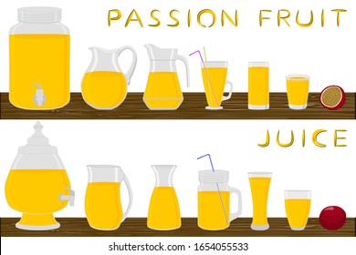 Big kit different types pitcher, passion fruit jugs various size. Pitcher consisting of organic plastic jugs for fluid passion fruit. Jugs of passion fruit it pitcher standing on wooden kitchen table.