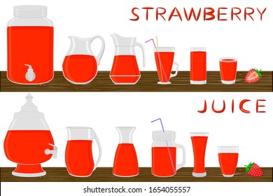 Big kit different types pitcher, strawberry in jugs various size. Pitcher consisting of organic plastic jugs for fluid strawberry. Jugs of bright strawberry it pitcher standing on wooden kitchen table