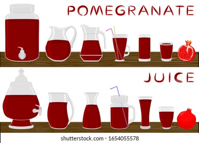 Big kit different types pitcher, pomegranate jugs various size. Pitcher consisting of organic plastic jugs for fluid pomegranate. Jugs of bright pomegranate it pitcher standing on wooden kitchen table