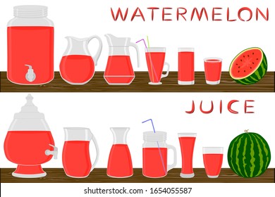 Big kit different types pitcher, watermelon in jugs various size. Pitcher consisting of organic plastic jugs for fluid watermelon. Jugs of bright watermelon it pitcher standing on wooden kitchen table