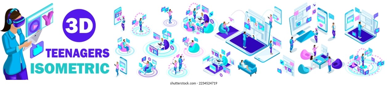 Big Kit Isometry, 3D teenagers. Young teenagers, bright avatars for social networks. Messengers and gadgets, messaging and likes.