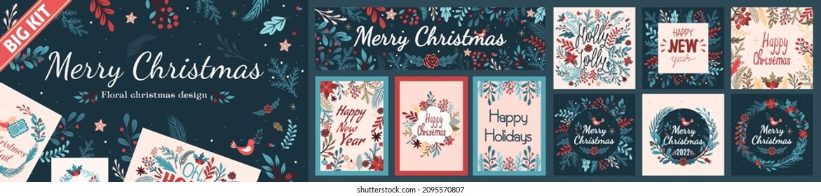 Big Kit of templates for Christmas and New Year flower cards. Vivid Illustrations for vector image design.