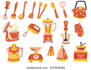 Big Kitchen utensil set. Tools and accessories for cooking, baking, frying. Whisk, cutlery, salt, teapot, spatulas, juicer, coffee grinder, mixer, scale. Vector flat illustration For Cooking.