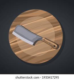 A big knife for cutting meat with circle cutting board on dark background. Top view. Vector illustration.
