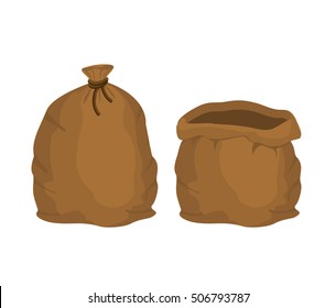 Big knotted sack Full and empty. Brown textile bag of potatoes or grain. Farm object
