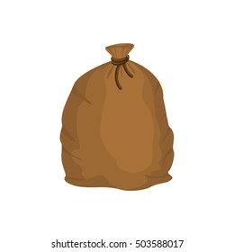 Big knotted sack of grain. Brown textile bag of potatoes. Farm object