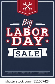 Big Labor Day. Advertising banner in dark blue, red and white colors. Vector promotion card.