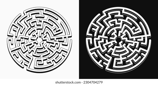 Big labyrinth in vintage style. Design element for esoteric, mystical surreal concepts, answer search, spiritual quest. Black and white illustration
