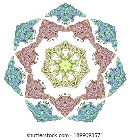 Mandala de encaje grande redonda hermoso zentángulo, adorno floral en un círculo con partes multicolores de color pastel, plantilla de diseño de patrones