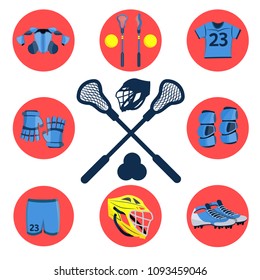 Big lacrosse set. Flat vector illustration icons. Isolated on white. Lacrosse equipments. Sticks, field, t-shirt, wear, gloves, mask, award, knee pads, shoulder-straps, balls, helmet,goal.  Lacrosse. 