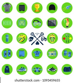 Big lacrosse set. Flat vector illustration icons. Isolated on white. Lacrosse equipments. gates, net, glasses, mask, stick, helmet, stopwatch, cup, bottle, ball, whistle, referee. Lacrosse game set.