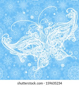 Big lacy butterfly on light winter background. Element for Christmas design. It can be used for decorating of invitations, greeting cards, decoration for bags, clothes and at tattoo creation.
