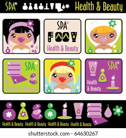 Big lady's health, beauty and spa icons set. Girls and objects emblem from big kids labels collection