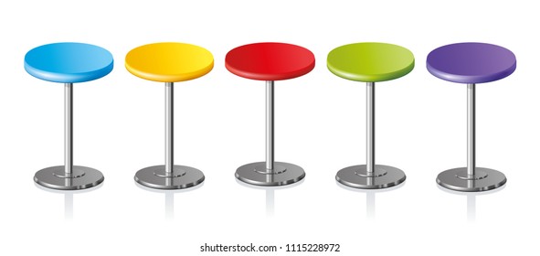 Big lap disk shape bright multicolor stylish 3d barstool stand on one solid shiny stem foot on white backdrop. Pub club trendy equipment object concept design. Close-up side view with space for text