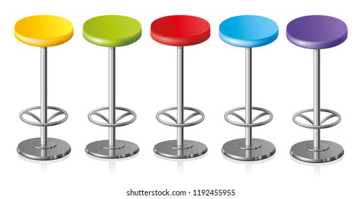 Big lap disk shape bright multicolor stylish 3d barstool stand on one solid shiny stem foot on white backdrop. Pub club trendy equipment object concept design. Close-up side view with space for text