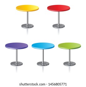 Big lap disk shape bright multicolor stylish 3d board platen stand on one solid shiny stem foot on white floor backdrop. Club concept icon sign design object. Close-up side view with space for text
